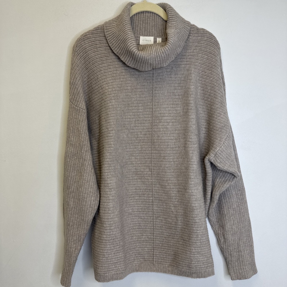 Cyrus Cowl Neck Sweater women's Medium Taupe Long Comfy Stretcy Soft Oversize‎